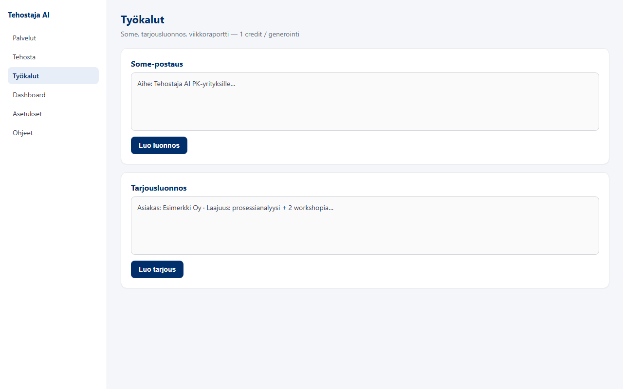 Kuvakaappaus testiyrityksen näkymästä: CRM ja tarjous